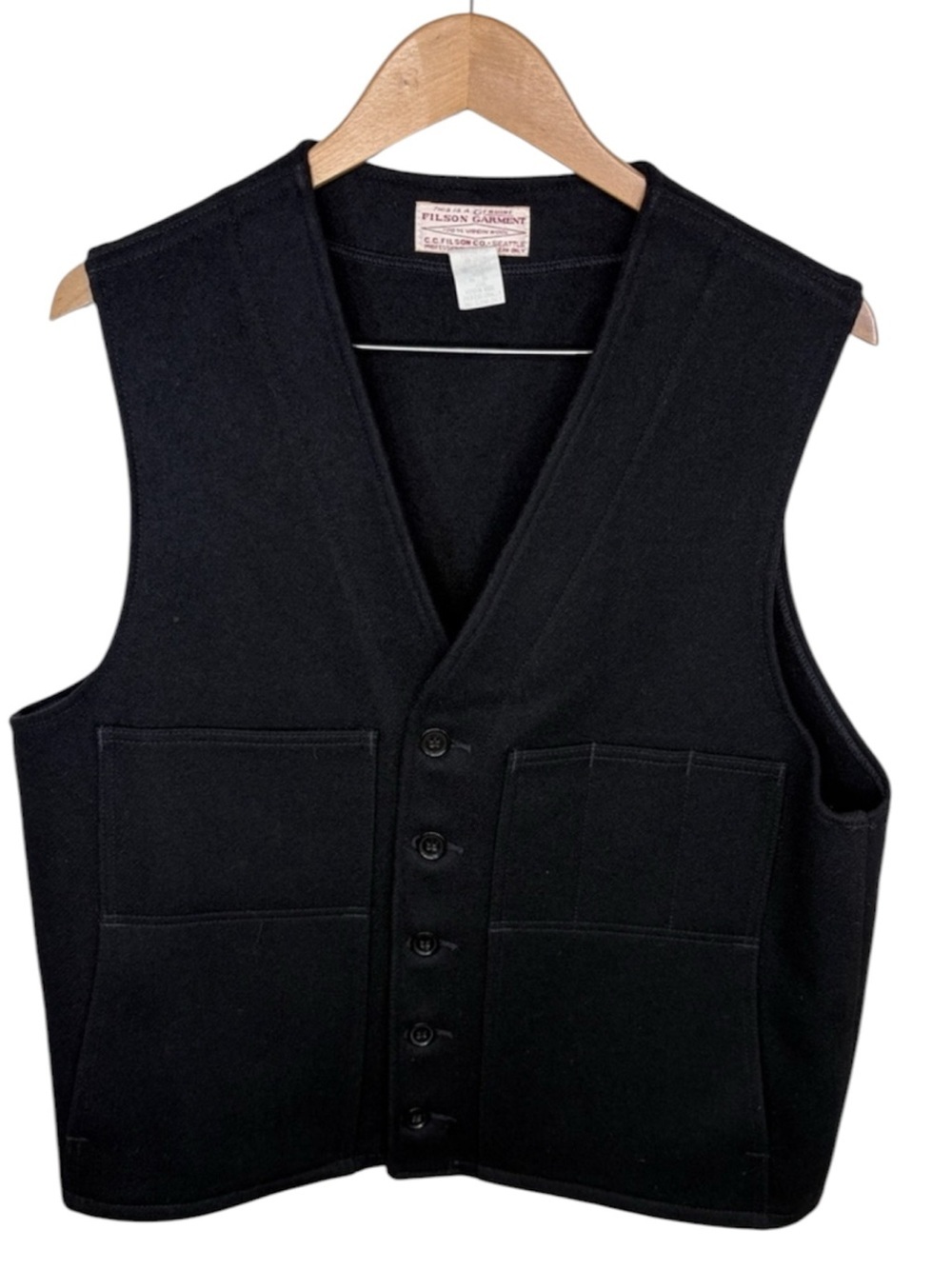 Filson Mackinaw Black Virgin Wool Pocket Button Vest Men Size 44 BL